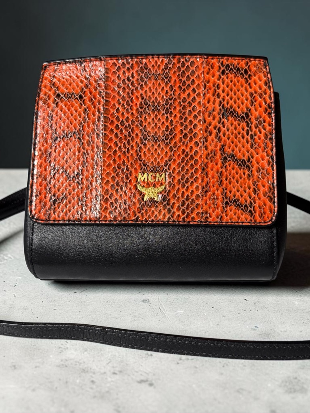 MCM Orange Snake-Print and Black Leather Crossbody
